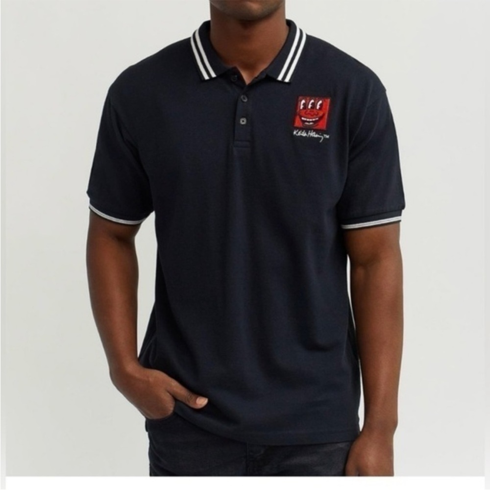 Keith Haring Reason Large Shirt Heart Logo Short Sleeve Polo Black 💯%Cotton NWT
